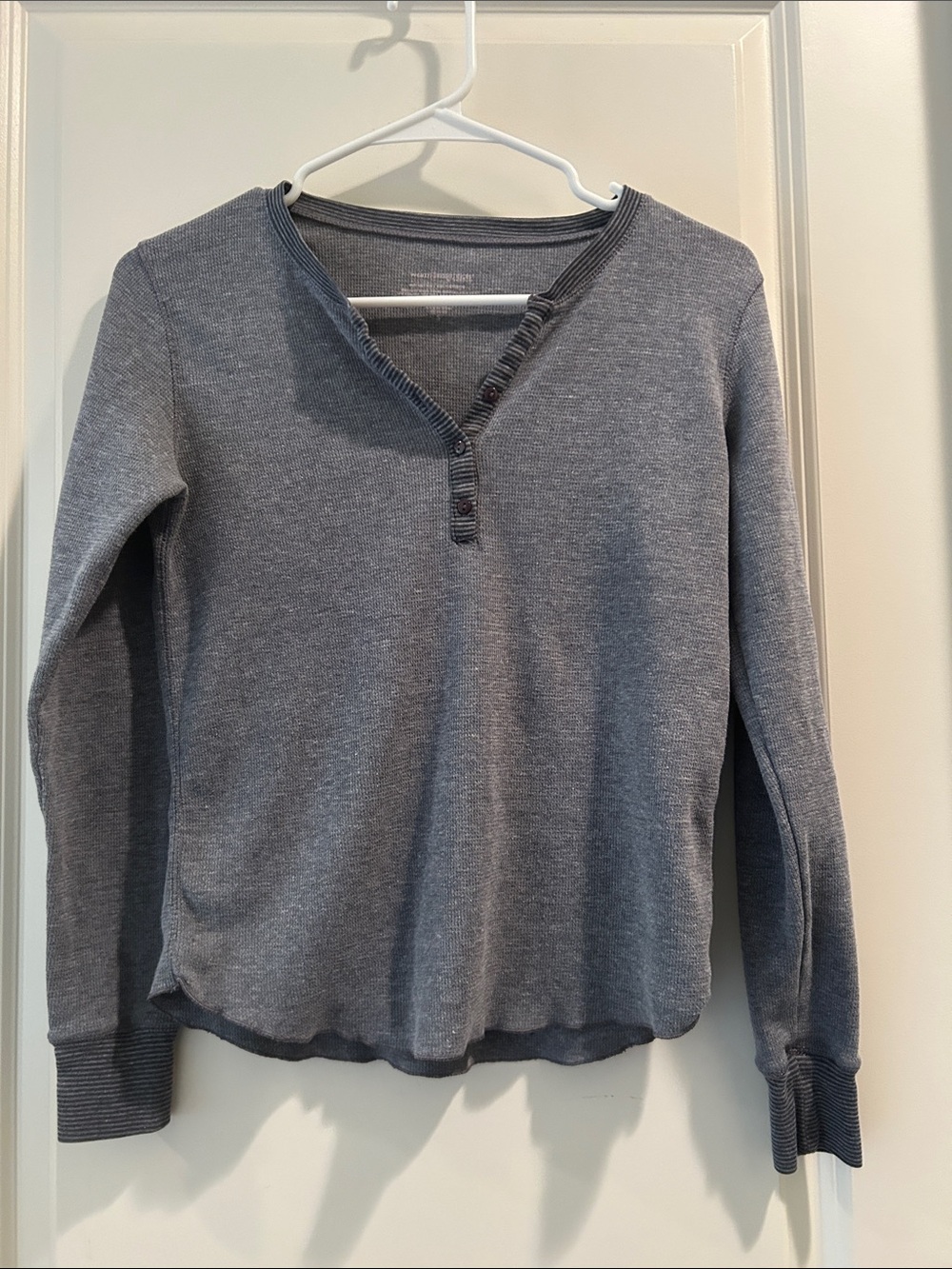 Warm Essentials Thermal Henley Top V-Neck Long Sleeve striped trim Gray size S
